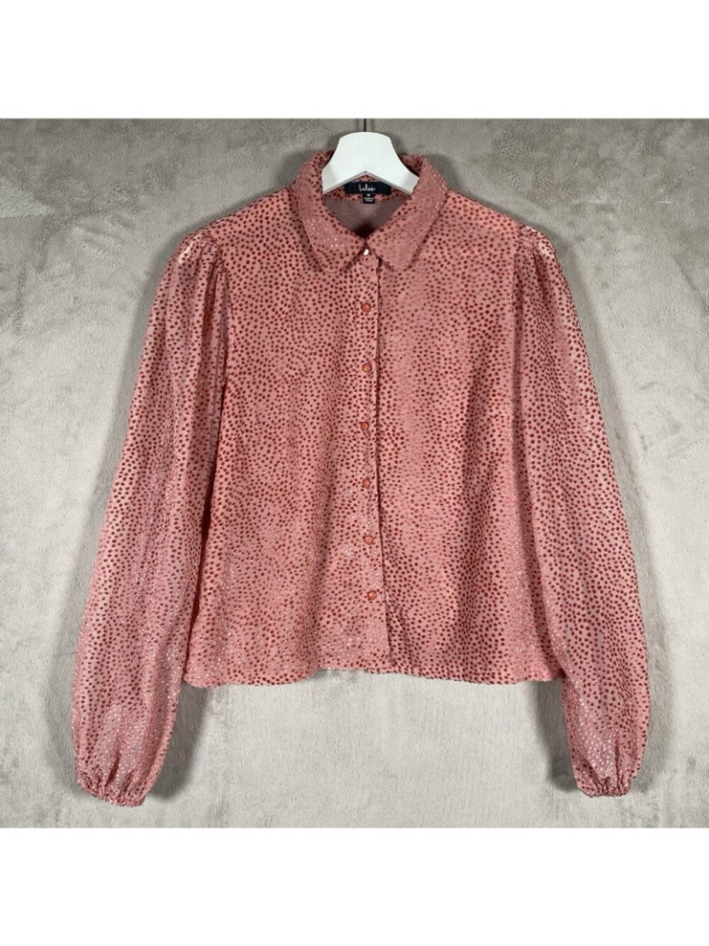 Lulus Top M Positive Influences Pink Dotted Long Sleeve Button Up Flocked Sheer - Picture 5 of 16